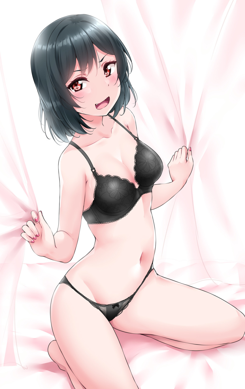 1girl bangs black_bra black_hair black_panties blush bra breasts cleavage collarbone commentary_request fang highres looking_at_viewer love_live! love_live!_school_idol_festival_all_stars mifune_shioriko panties red_eyes red_nails shiny shiny_skin short_hair sidelocks small_breasts solo underwear yopparai_oni