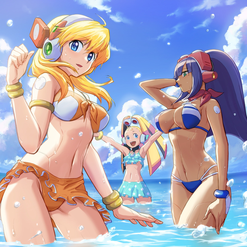 3girls :d \o/ alia_(rockman) android arm_up armlet armpits arms_up bangs bare_shoulders bikini bikini_skirt blonde_hair blue_bikini blue_eyes blue_sky blunt_bangs blush bracelet breasts cleavage cloud commentary_request cowboy_shot dark_skin day eyebrows_visible_through_hair flat_chest green_eyes groin hair_between_eyes headgear highres hime_cut jewelry large_breasts layer_(rockman) long_hair looking_at_viewer midriff mitsunagami mole mole_under_eye multiple_girls navel ocean open_mouth outdoors outstretched_arms palette_(rockman) polka_dot polka_dot_bikini purple_hair purple_scarf robot_ears rockman rockman_x rockman_x_dive scarf sidelocks sky smile standing swimsuit twintails wading water_drop wet yellow_bikini