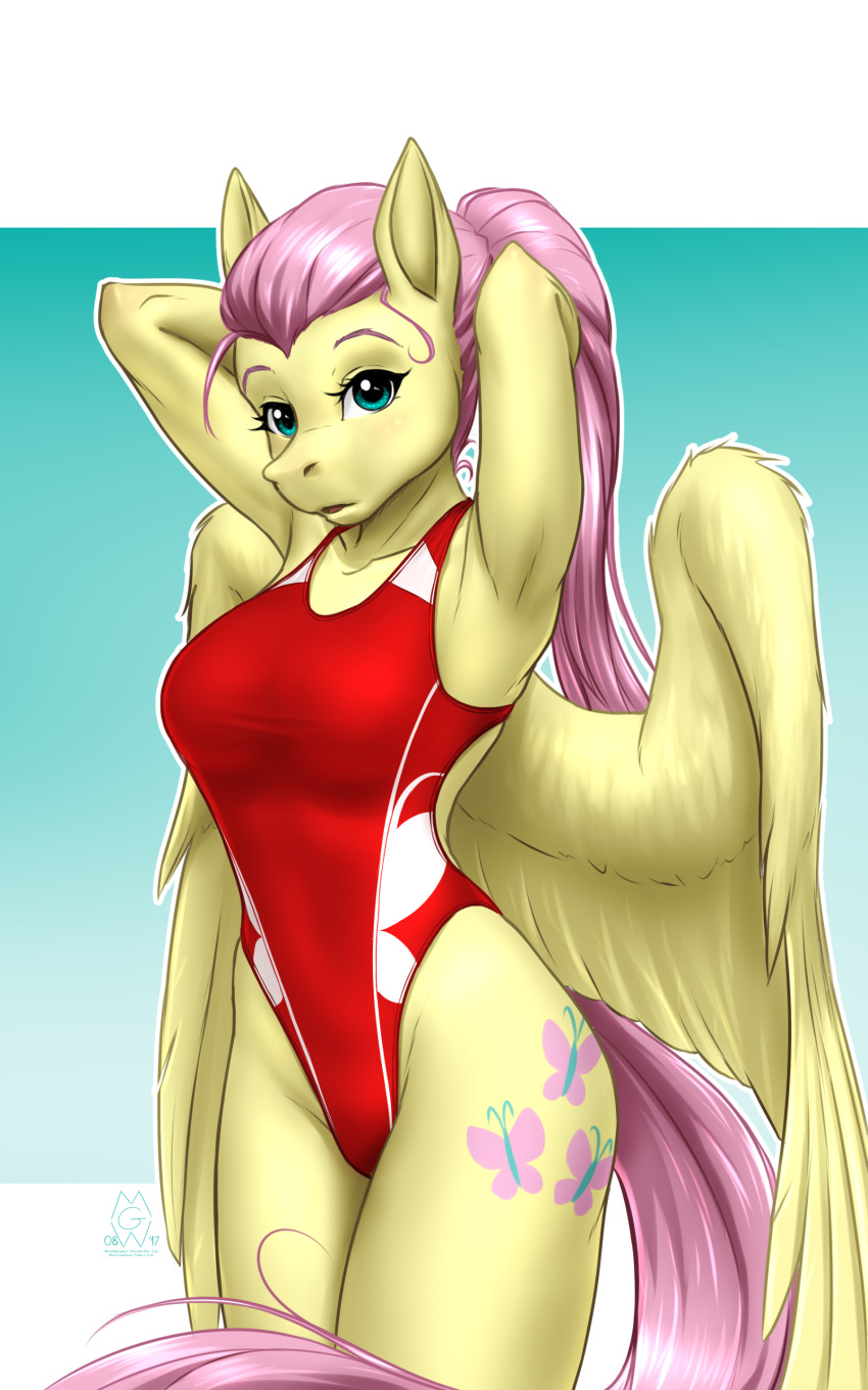 10:16 2017 absurd_res anthro anthrofied big_breasts breasts clothing cutie_mark digital_media_(artwork) equid equine eyebrows eyelashes feathered_wings feathers female fluttershy_(mlp) friendship_is_magic green_eyes hair hasbro hi_res mammal my_little_pony mykegreywolf one-piece_swimsuit pegasus pink_hair small_waist solo sport_swimsuit swimwear wings yellow_body yellow_feathers