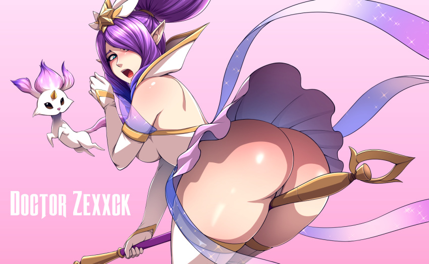 big_butt blush breasts butt clothed clothing doctorzexxck female hair humanoid janna_(lol) larger_female league_of_legends looking_back purple_hair raised_clothing raised_skirt riot_games size_difference staff thong underwear upskirt video_games