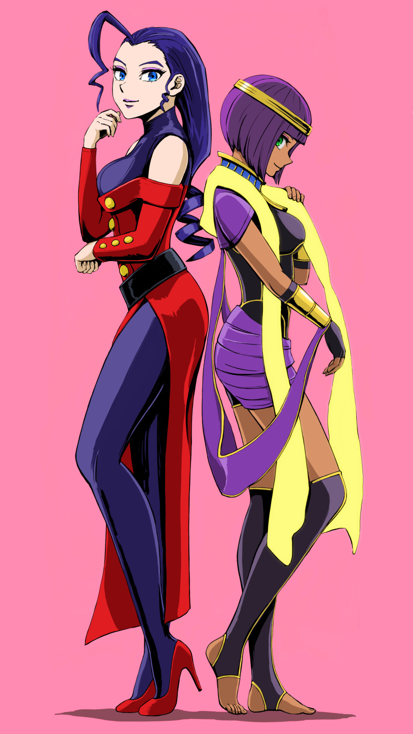 2girls 8686cure absurdres back-to-back bracer circlet dark_skin high_heels highres menat multiple_girls pantyhose purple_hair red_footwear rose_(street_fighter) scarf shawl short_hair smile standing street_fighter street_fighter_v thighhighs toeless_legwear