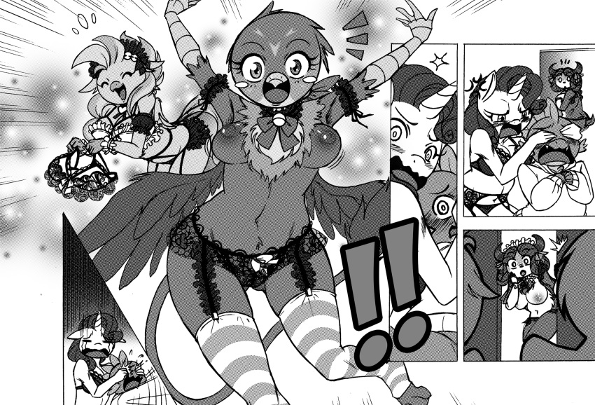 ! anthro anthrofied avian blush boastudio bodily_fluids bovid bovine bra chest_tuft clothed clothing comic dragon equid equine female friendship_is_magic gabby_(mlp) garter_belt garter_straps gryphon hasbro hi_res horn larger_female legwear male mammal monochrome my_little_pony mythological_avian mythology nipples panties rarity_(mlp) silverstream_(mlp) size_difference smaller_male spike_(mlp) tears thigh_highs topless tuft underwear unicorn wide_hips yak yona_yak