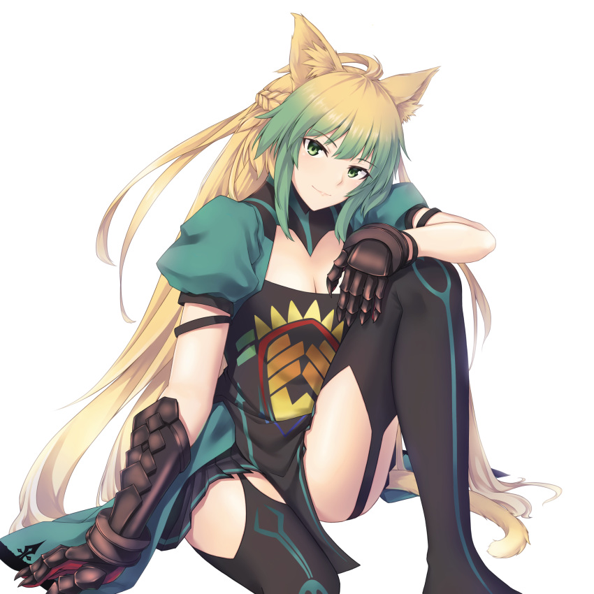 1girl animal_ears atalanta_(fate) black_legwear blonde_hair enchuu_kakiemon eyebrows_visible_through_hair fate/apocrypha fate/grand_order fate_(series) gauntlets green_eyes green_hair highres long_hair looking_at_viewer multicolored_hair one_knee smile tail thighhighs