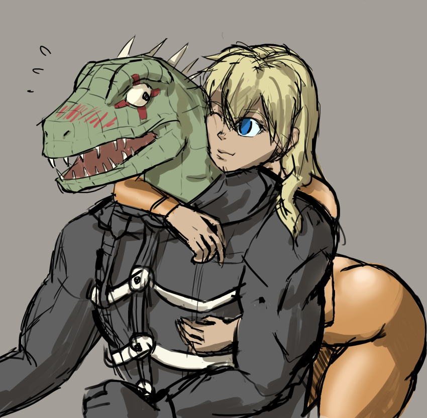 2lewd4me alligatorid blonde_hair blush butt caiman clothed clothed/nude clothing crocodilian cross-eyes dorohedoro embrace female from_behind_(disambiguation) hair hi_res hug jumpsuit kaiman lizard male nikaido nude one_eye_closed reptile scalie wink