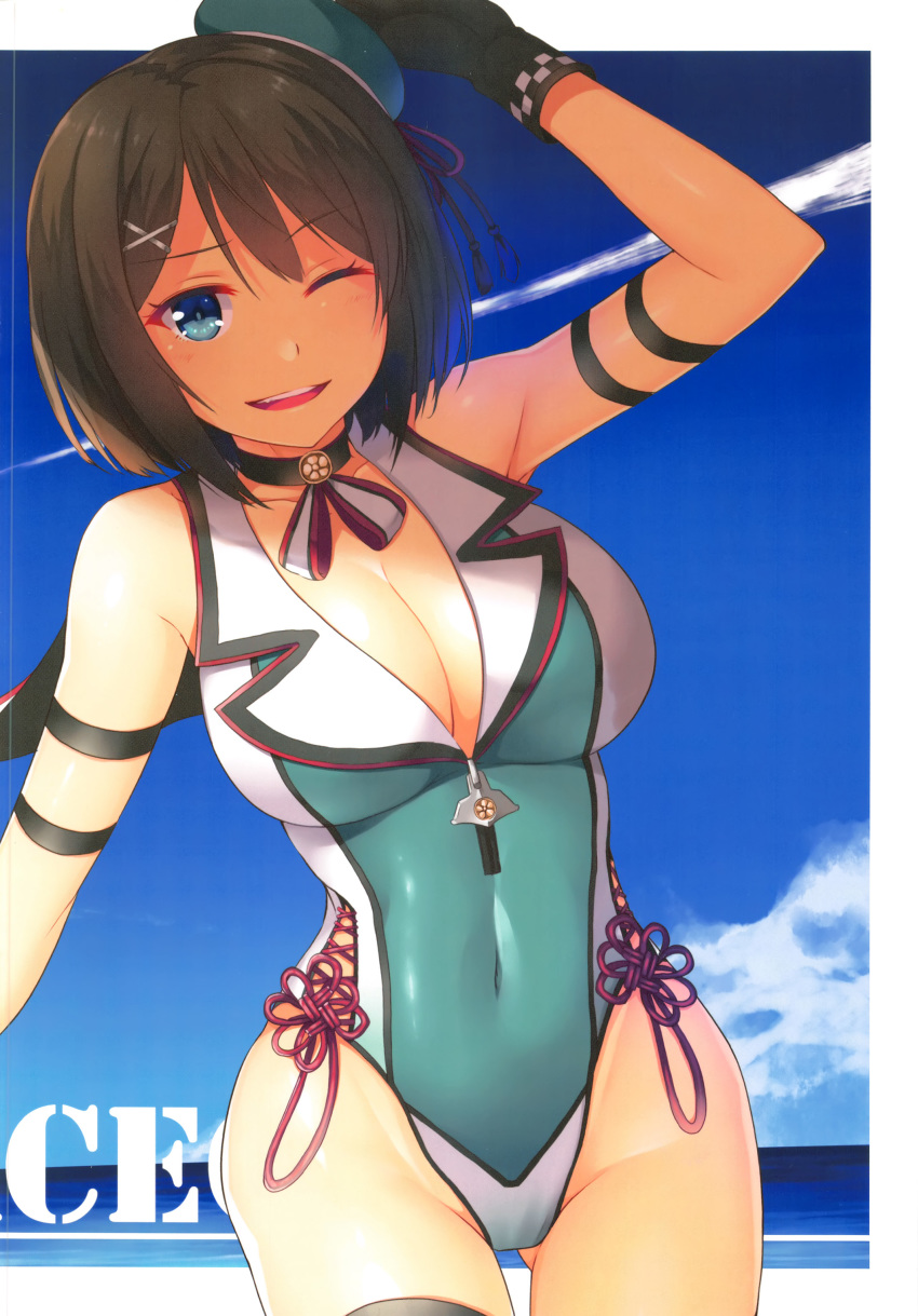 1girl absurdres adapted_costume arm_up bangs bare_shoulders beret black_gloves blue_eyes blue_sky bow breasts brown_hair checkered choker cleavage cloud collarbone covered_navel day eyebrows_visible_through_hair gloves hair_ornament hat highleg highleg_swimsuit highres holding horosuke_(toot08) kantai_collection large_breasts maya_(kantai_collection) ocean one-piece_swimsuit one_eye_closed open_mouth outdoors sailor_collar scan shiny shiny_clothes shiny_hair shiny_skin short_hair sky sleeveless smile solo swimsuit thighs water x_hair_ornament zipper zipper_pull_tab