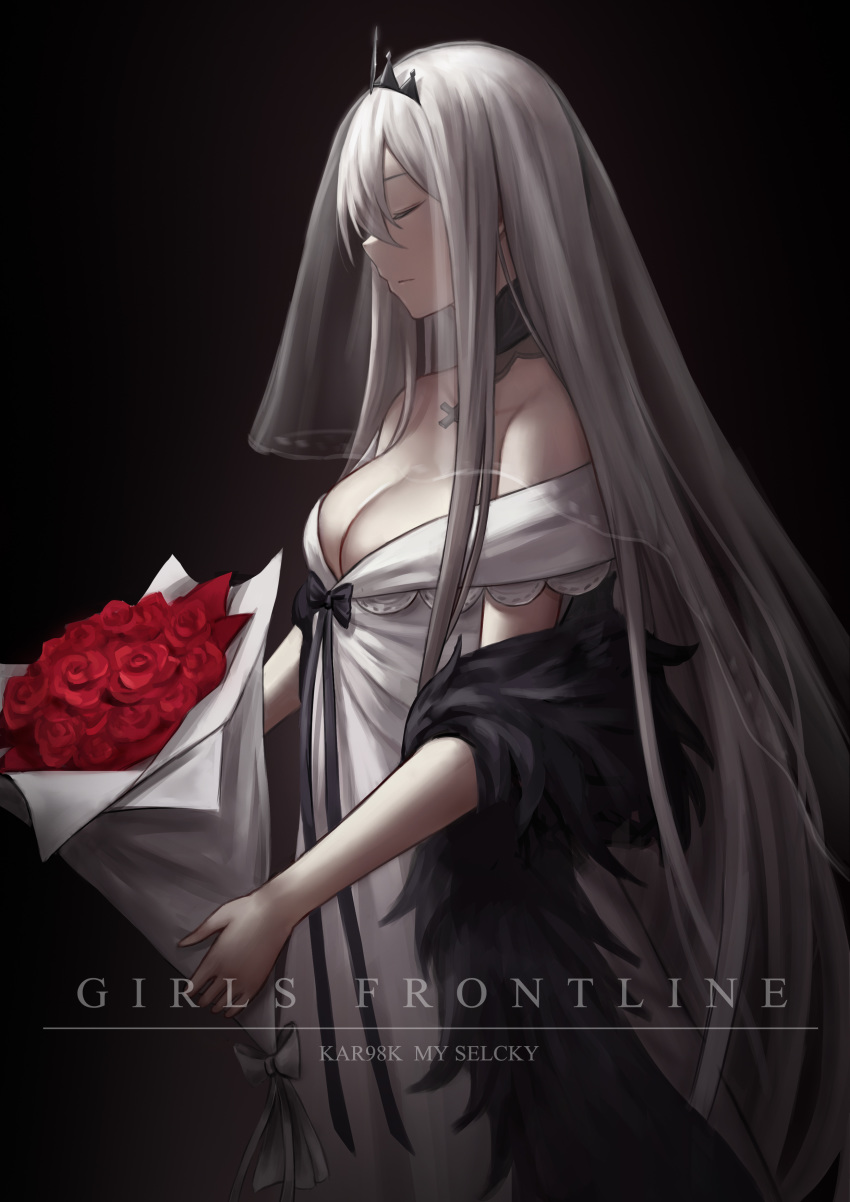 1girl absurdres artist_name black_background bouquet bow bowtie breasts bridal_veil character_name cleavage closed_eyes copyright_name cross cross_necklace crown_hair_ornament dress english_text eyebrows_visible_through_hair flower fur-trimmed_sleeves fur_collar fur_trim girls_frontline highres jewelry kar98k_(girls_frontline) long_hair medium_breasts necklace profile rose selcky silver_hair solo veil very_long_hair wedding wedding_dress white_dress