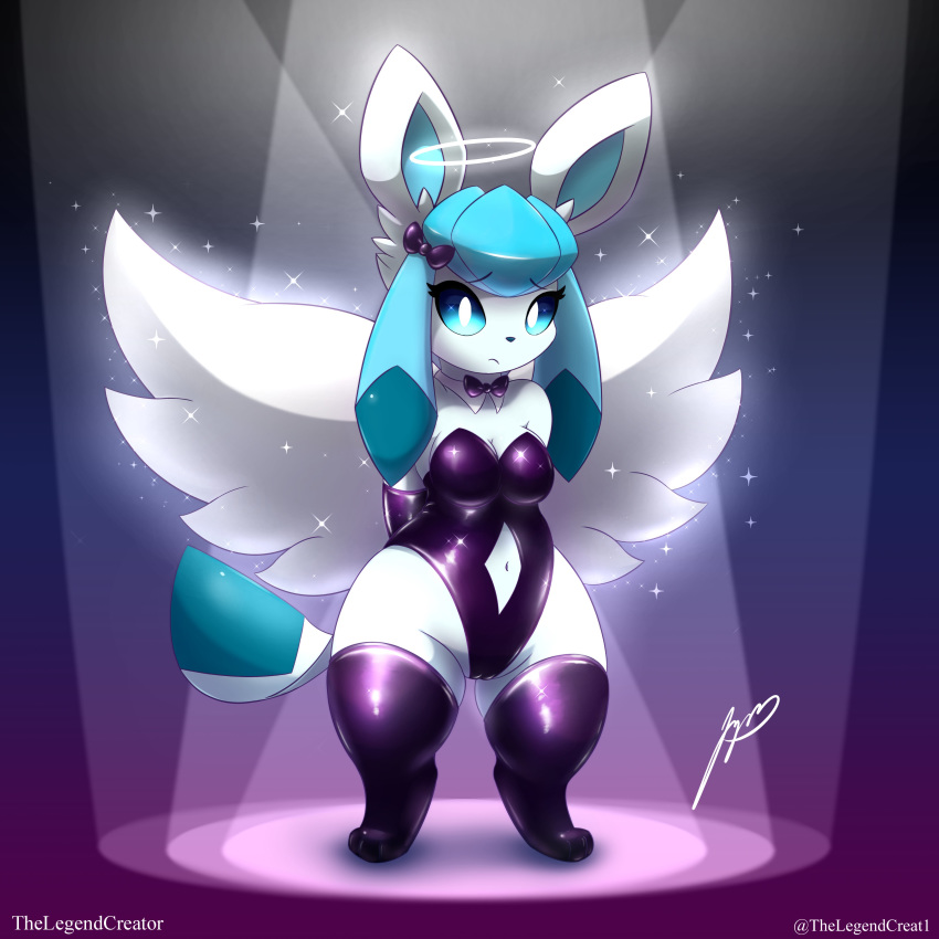 1:1 absurd_res anthro armwear breasts camel_toe clothing eeveelution female glaceon hi_res legwear looking_at_viewer navel nintendo pok&eacute;mon pok&eacute;mon_(species) solo thelegendcreator video_games wings