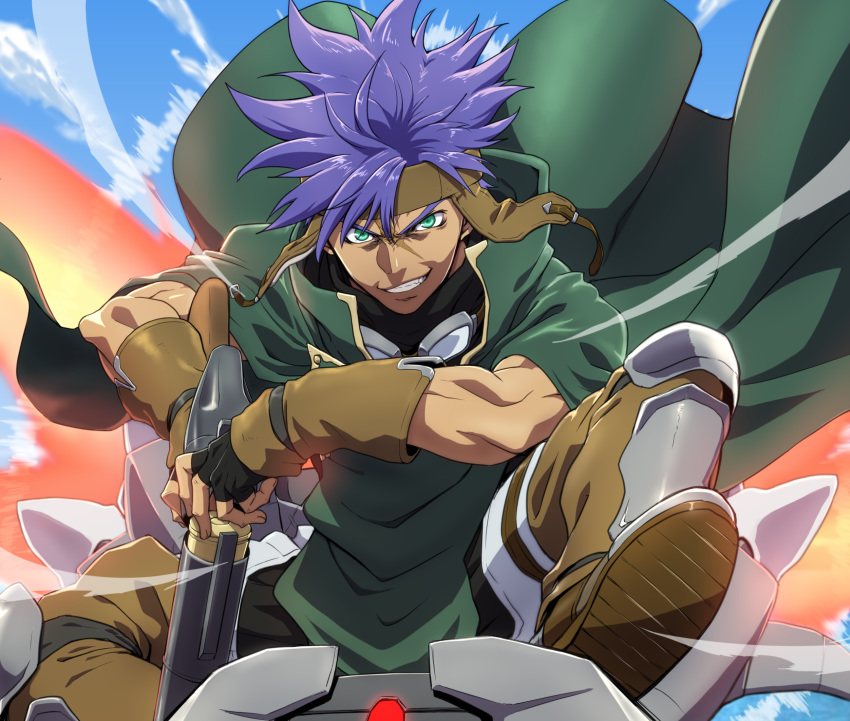&gt;:) 1boy akimaru boots brown_footwear cape day green_cape green_eyes grin gun headband highres holding holding_gun holding_weapon looking_at_viewer male_focus outdoors pixiv_fantasia pixiv_fantasia_age_of_starlight purple_hair reloading smile solo weapon