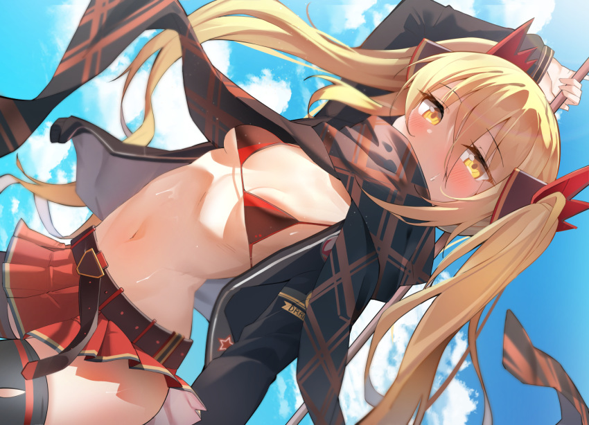 1girl bangs belt bikini black_jacket blonde_hair blue_sky blush breasts character_request hair_ornament jacket k_pring long_hair long_sleeves looking_at_viewer miniskirt navel open_clothes open_jacket pride_of_eden red_bikini red_skirt scarf skirt sky small_breasts swimsuit thighhighs thighs twintails yellow_eyes