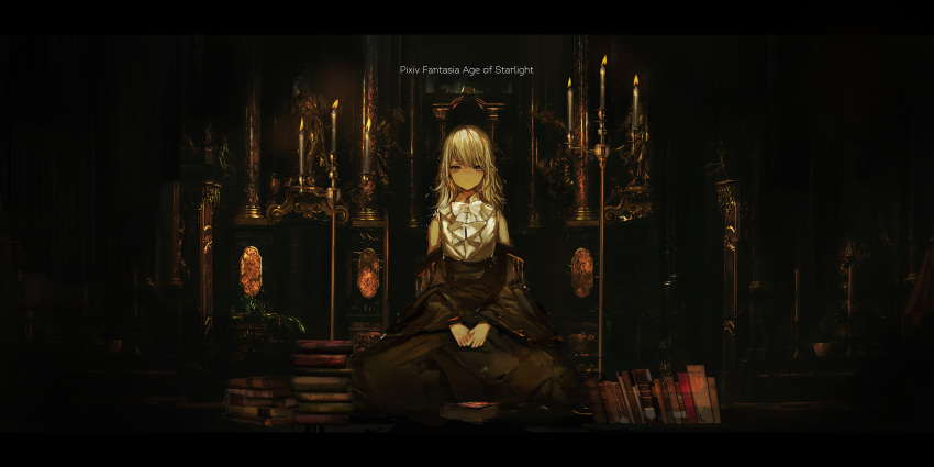 1girl bare_shoulders black_background black_skirt book book_stack candle closed_mouth copyright_name full_body grey_eyes hands_together highres indoors katann long_hair looking_at_viewer pixiv_fantasia pixiv_fantasia_age_of_starlight sitting skirt solo statue vest white_hair white_vest wide_shot