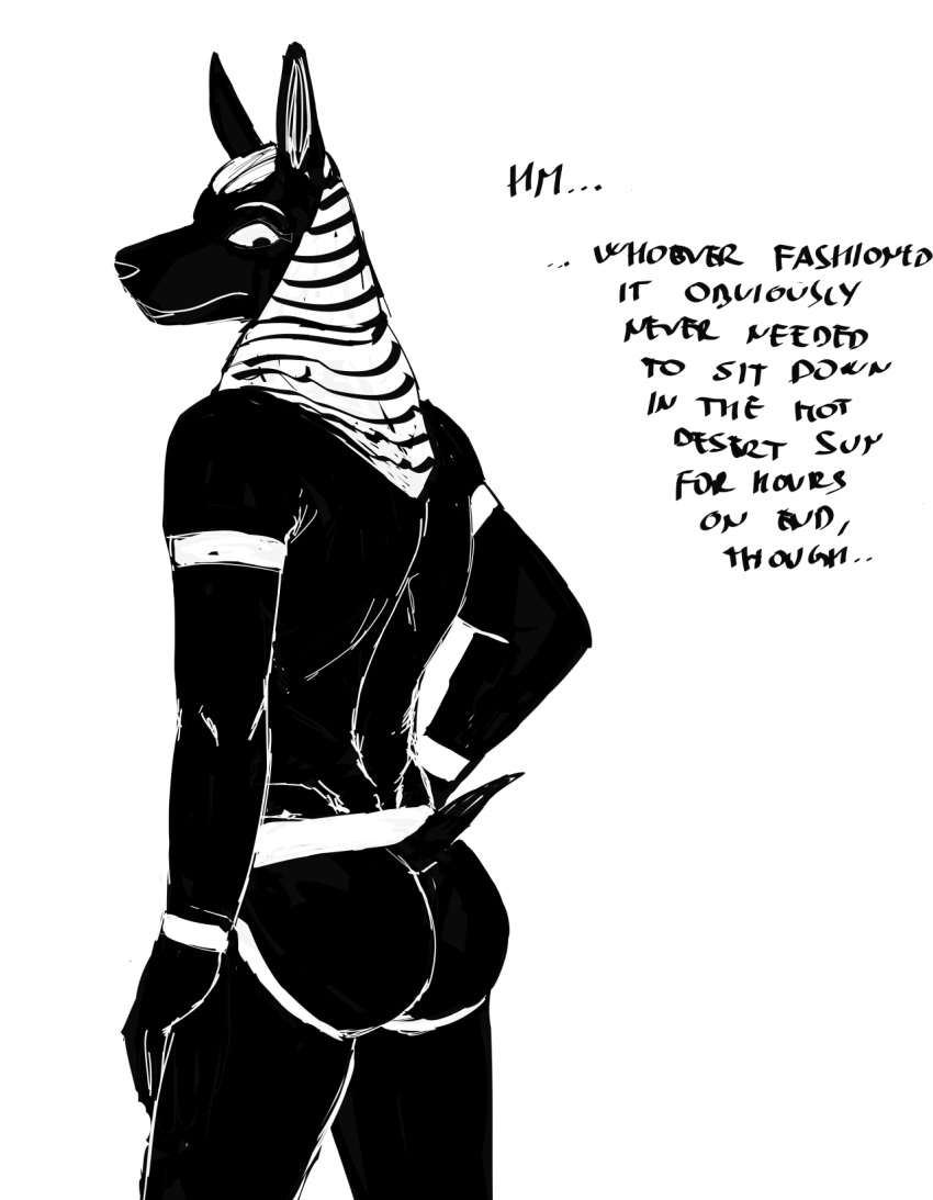 2020 anthro anubian_jackal anubis black_and_white butt canid canine canis clothed clothing deity dialogue egyptian_clothing egyptian_headdress egyptian_mythology english_text headdress hi_res hladilnik jackal jockstrap male mammal middle_eastern_mythology monochrome mythology solo text underwear