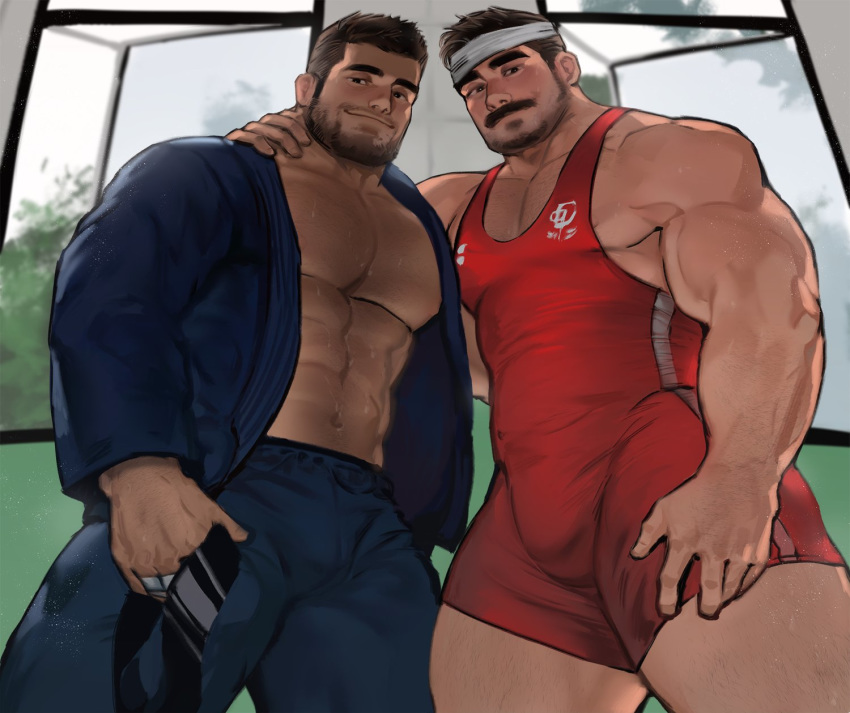 2boys abs bara beard body_hair bulge chest chest_hair couple facial_hair hand_on_another's_neck headband highres jang_ju_hyeon male_focus manly multiple_boys muscle nipples original pectorals shirtless simple_background thick_thighs thighs wrestling_outfit yaoi