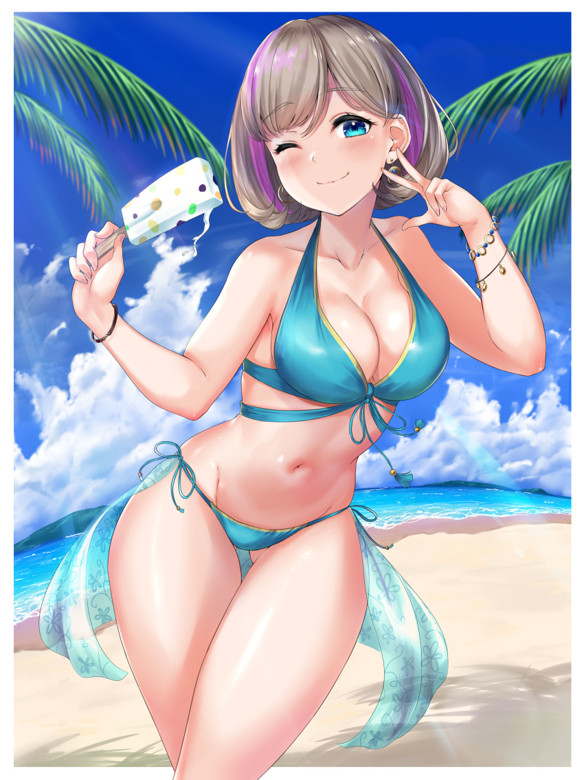 1girl absurdres ass_visible_through_thighs beach bikini blue_eyes bob_cut bracelet breasts brown_hair cleavage cloud commentary cowboy_shot crossed_legs earrings eyebrows_visible_through_hair food front-tie_bikini front-tie_top highres holding holding_food ice_cream jewelry large_breasts looking_at_viewer love_live! love_live!_superstar!! mountain multicolored_hair navel one_eye_closed palm_tree popsicle purple_hair rama_(yu-light8) shiny shiny_skin short_hair skirt smile solo stomach streaked_hair swimsuit tang_keke tree w