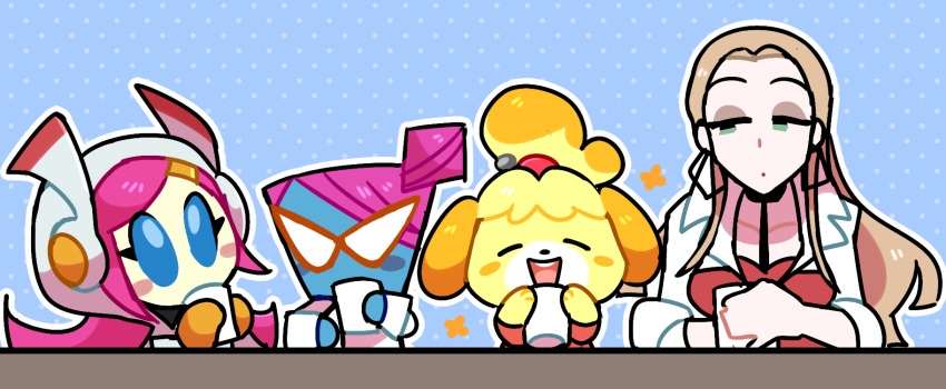 4girls animal_ears blonde_hair blue_skin blush_stickers company_connection crossover cup dog_ears dog_girl doubutsu_no_mori glasses hair_bun highres kirby:_planet_robobot kirby_(series) looking_at_another loveycloud mario_(series) multiple_crossover multiple_girls nastasia nintendo olive_(pokemon) open_mouth paper_mario pink_hair pokemon pokemon_(game) pokemon_swsh shizue_(doubutsu_no_mori) smile super_paper_mario susie_(kirby) trait_connection