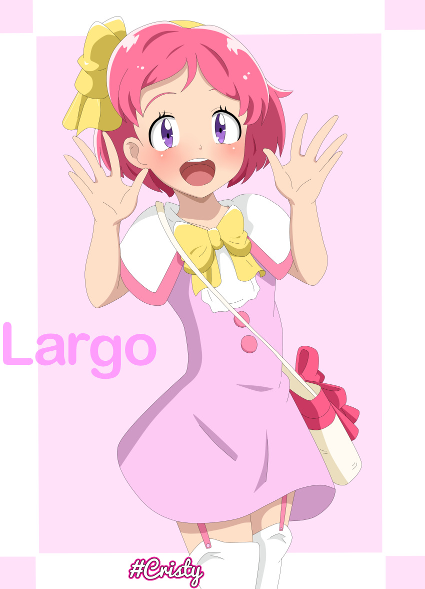 1girl :d absurdres bag bangs blush border bow capelet character_name child commentary cowboy_shot dress garter_straps hairband hands_up happy highres largo_(pokemon) looking_at_viewer open_mouth outside_border pink_background pink_bow pink_dress pokemon pokemon_(anime) pokemon_m21 purple_eyes short_hair shoulder_bag signature smile solo standing thighhighs upper_teeth viper3n3n3_(cristy) white_border white_capelet white_legwear yellow_bow yellow_hairband