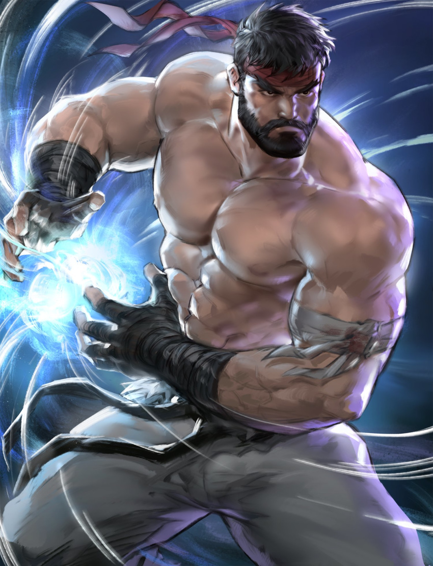 1boy abs bandages bara beard black_hair body_hair bulge chest chest_hair facial_hair fighting_stance highres jang_ju_hyeon kamehameha male_focus manly muscle nipples pants pectorals ryuu_(street_fighter) shirtless simple_background street_fighter thick_thighs thighs