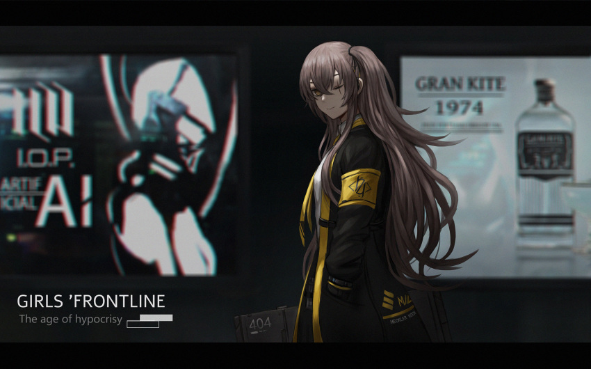 1girl 404 404_(girls_frontline) 404_logo_(girls_frontline) black_jacket brown_eyes brown_hair copyright_name english_text eyebrows_visible_through_hair girls_frontline hand_in_pocket highres http_status_code jacket long_hair looking_at_viewer one_eye_closed scar scar_across_eye selcky smile solo ump45_(girls_frontline)