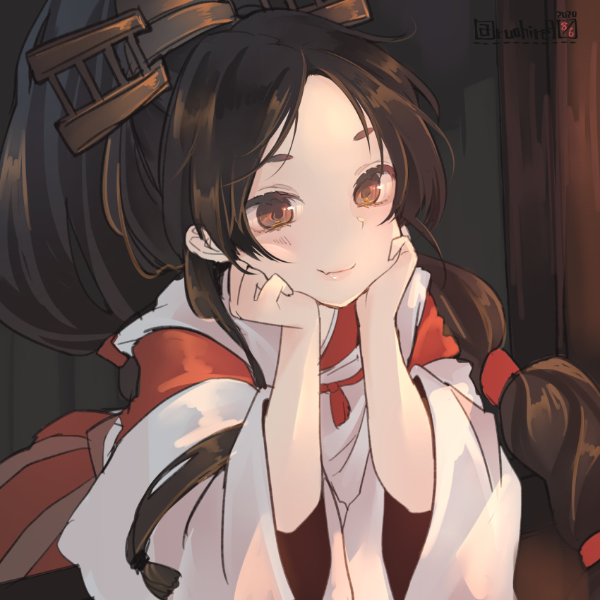 1girl black_hair brown_eyes chin_rest dated fang headgear high_ponytail highres japanese_clothes kantai_collection lips long_hair miko multi-tied_hair nisshin_(kantai_collection) ponytail ruohire9 short_eyebrows skin_fang smile solo twitter_username wide_sleeves