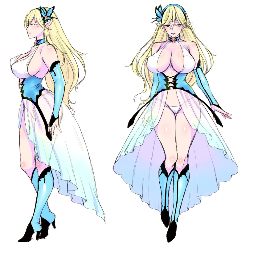 1girl bare_shoulders blonde_hair blue_footwear boots breasts butterfly_hair_ornament cameltoe closed_mouth concept_art covered_nipples detached_sleeves diadem dress elf hair_ornament high_heel_boots high_heels highres huge_breasts knee_blush knee_boots long_hair looking_at_viewer morphona_(usagi_nagomu) multiple_views navel open_clothes open_dress original pointy_ears revealing_clothes showgirl_skirt simple_background smile thighhighs usagi_nagomu white_background