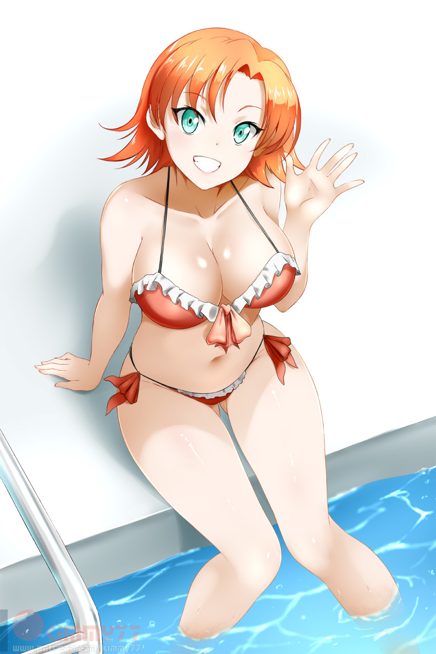 1girl alfred_cullado aqua_eyes bangs banned_artist bikini breasts cleavage collarbone eyebrows_visible_through_hair frilled_bikini frills from_above front-tie_bikini front-tie_top grin hair_between_eyes hair_intakes halterneck highres looking_at_viewer medium_breasts nora_valkyrie orange_hair red_bikini red_ribbon ribbon rwby shiny shiny_hair shiny_skin short_hair side-tie_bikini sitting smile soaking_feet solo swimsuit watermark