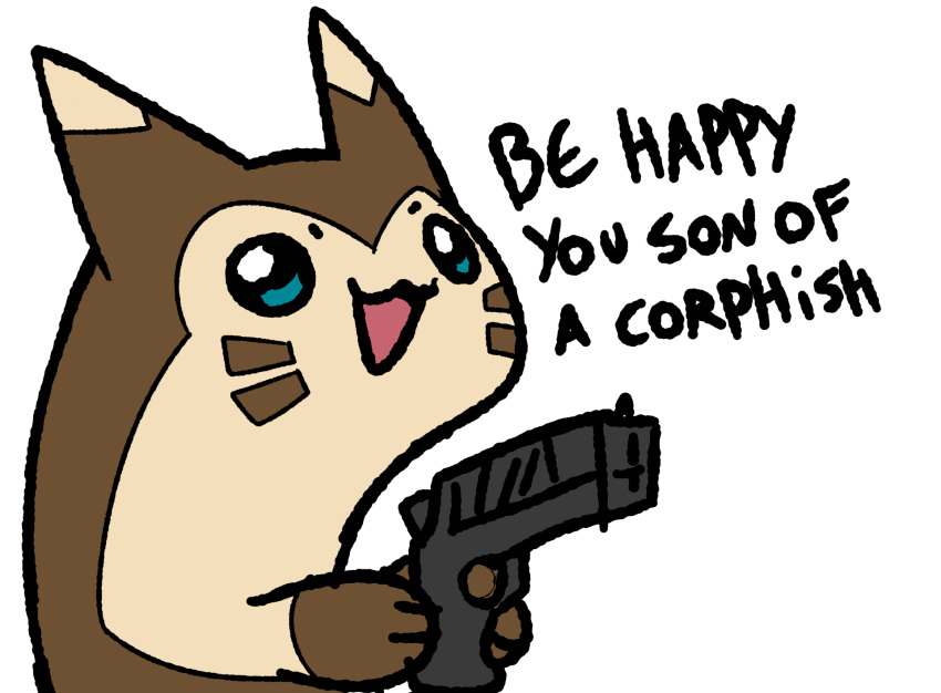 ambiguous_gender blitzdrachin brown_body conditional_dnp english_text feral furret gun hi_res holding_gun holding_object holding_weapon mammal mustelid nintendo open_mouth pok&eacute;mon pok&eacute;mon_(species) ranged_weapon simple_background smile solo text threatening video_games weapon white_background