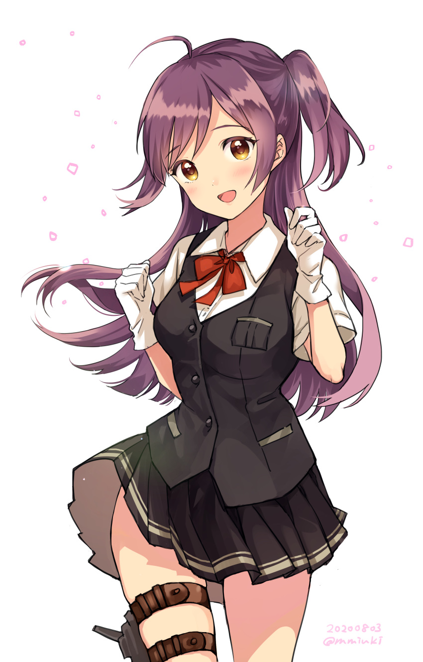 1girl :d absurdres ahoge black_skirt blouse gloves hagikaze_(kantai_collection) highres kantai_collection long_hair looking_at_viewer matsuzaki_miyuki neck_ribbon one_side_up open_mouth pleated_skirt purple_hair red_ribbon ribbon short_sleeves simple_background skirt smile solo thigh_strap white_background white_blouse white_gloves yellow_eyes