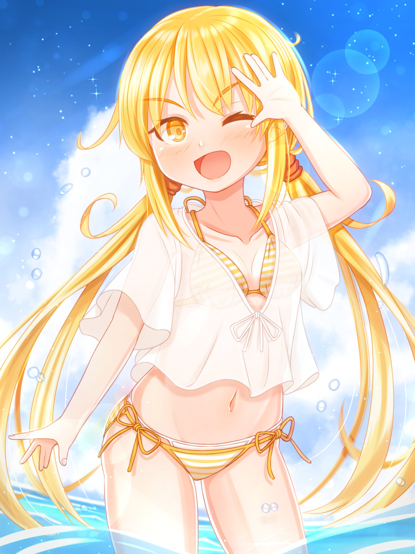 1girl absurdres bikini blonde_hair blush cloud collarbone cowboy_shot day eyebrows_visible_through_hair groin hair_between_eyes highres kantai_collection long_hair low_twintails navel ocean one_eye_closed open_mouth partially_submerged satsuki_(kantai_collection) see-through short_sleeves side-tie_bikini smile solo sparkle striped striped_bikini suzushiro_(gripen39) swimsuit twintails water water_drop yellow_eyes