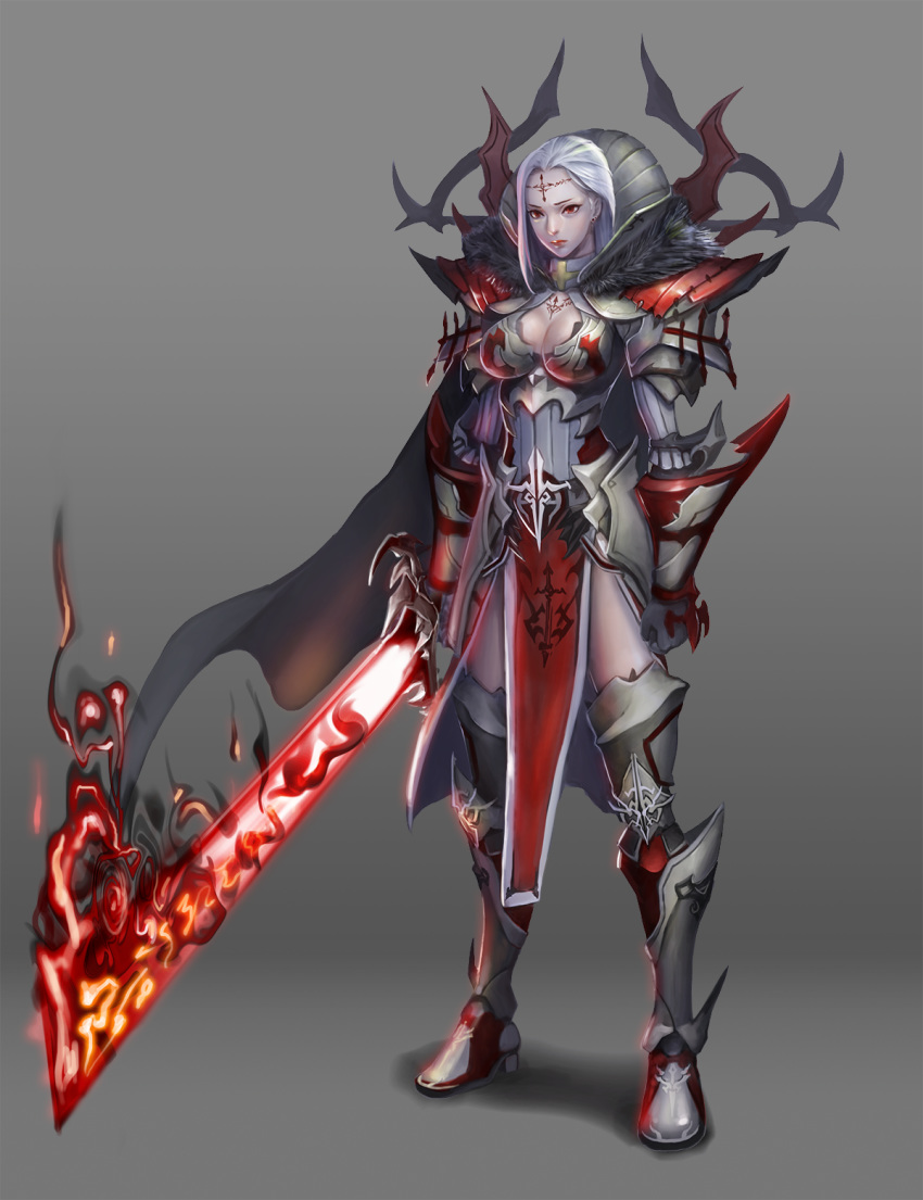 1girl armor aura black_cape blood blood_sword breasts cape cleavage cleavage_cutout closed_mouth cross earrings facial_mark fur-trimmed_armor fur_trim gloves glowing glowing_sword glowing_weapon gradient gradient_background greaves highres holding holding_sword holding_weapon jewelry medium_hair original paladin pauldrons red_eyes red_lips shoulder_armor single_earring solo soulhyuny standing sword vambraces weapon white_gloves white_hair