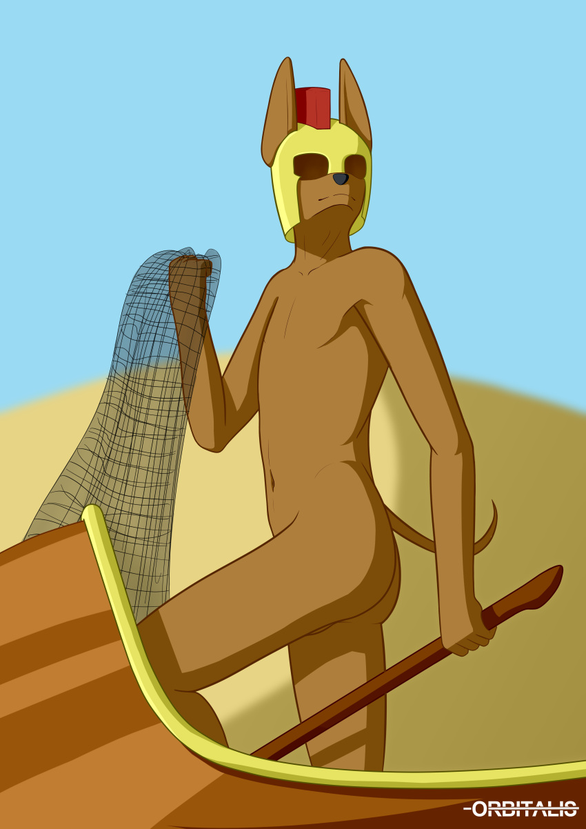 absurd_res anthro armor balls brown_body brown_fur canid canine canis chariot_(vehicle) desert fur genitals headgear helmet hi_res jackal male mammal melee_weapon navel net nude orbitalis polearm simple_background solo spear weapon