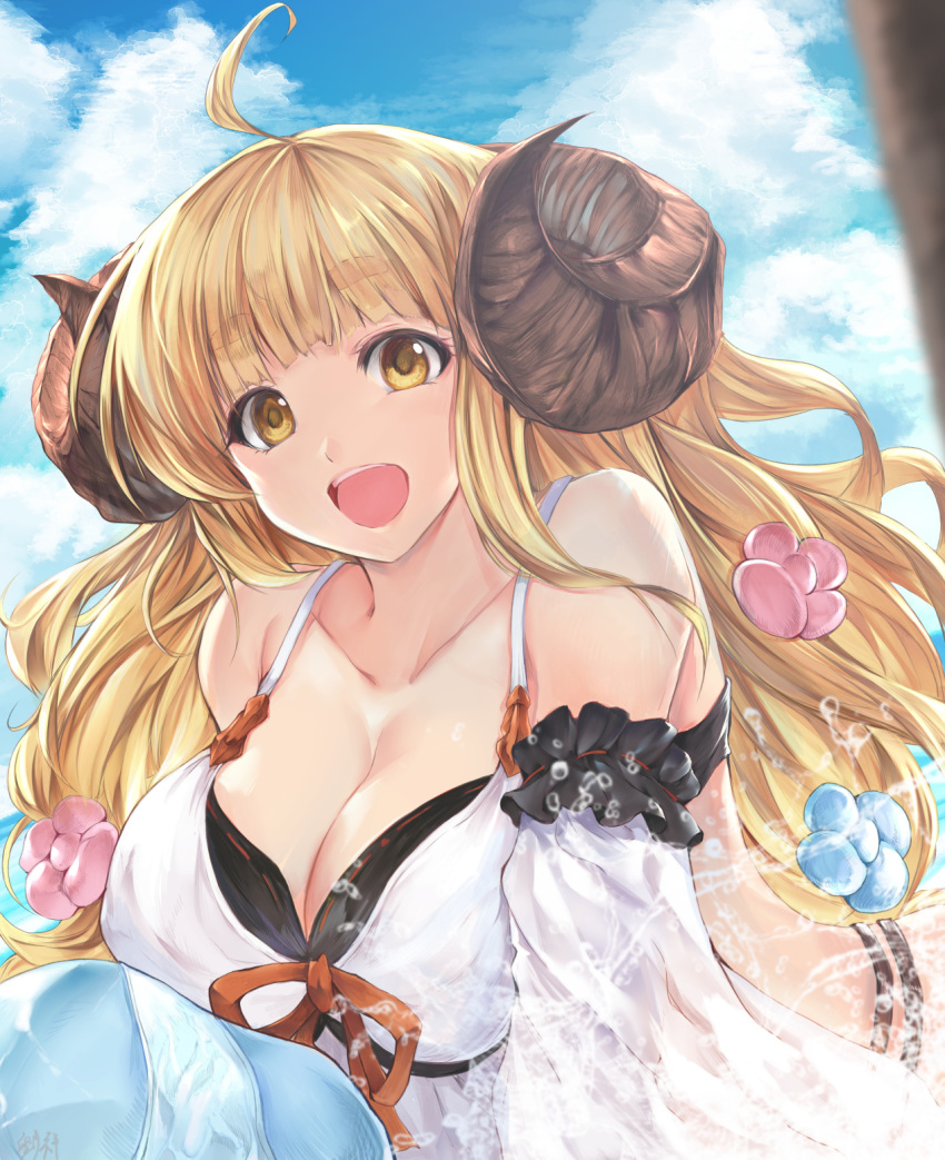 1girl ahoge anila_(granblue_fantasy) bare_shoulders bikini blonde_hair blue_sky breasts cleavage cloud cloudy_sky collarbone commentary_request day draph eyebrows_visible_through_hair flower granblue_fantasy hair_flower hair_ornament highres horns large_breasts long_hair looking_at_viewer open_mouth outdoors ryuushou sheep_horns short_eyebrows sky solo swimsuit tongue upper_body upper_teeth wavy_hair white_bikini yellow_eyes