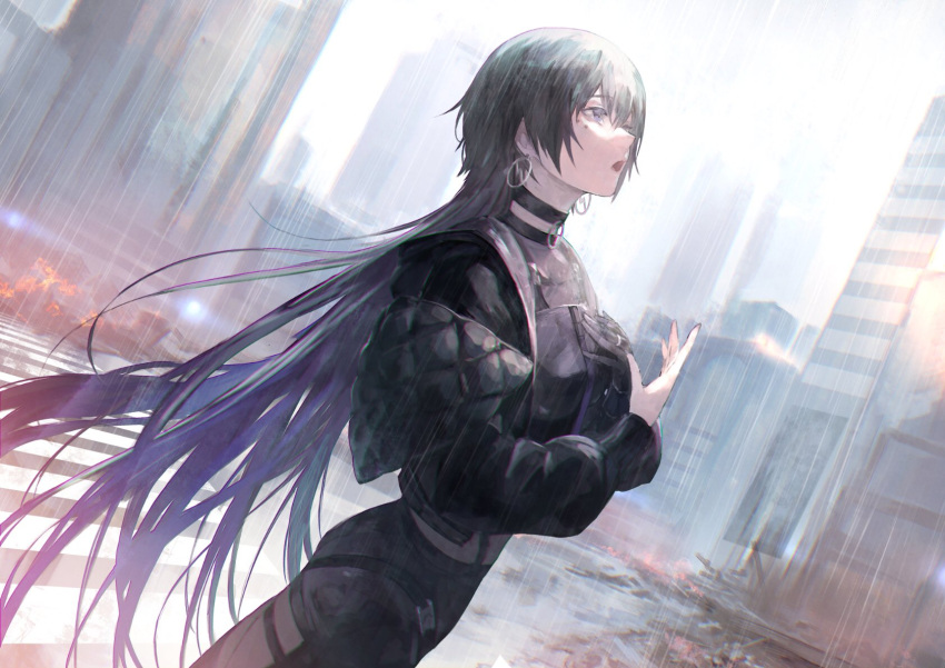 1girl bangs belt black_hair breasts building commentary earrings eyebrows_behind_hair eyebrows_visible_through_hair hair_between_eyes highres jacket jewelry kamitsubaki_studio koko_(kamitsubaki_studio) long_hair looking_up open_mouth outdoors shirataki_jiro shorts solo sunlight