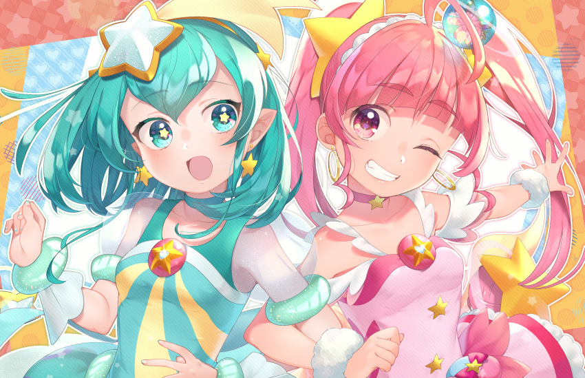 2girls :d aqua_choker aqua_hair bangs blue_nails blunt_bangs breasts collarbone cure_milky cure_star earrings eyebrows_visible_through_hair floating_hair grin hair_between_eyes hair_ornament hairband highres jewelry locked_arms long_hair multiple_girls nail_polish one_eye_closed open_mouth pink_hair precure see-through shiny shiny_hair short_sleeves small_breasts smile star_(symbol) star_earrings star_hair_ornament star_twinkle_precure twintails upper_body very_long_hair white_hairband wrist_cuffs yellow_earrings yupiteru