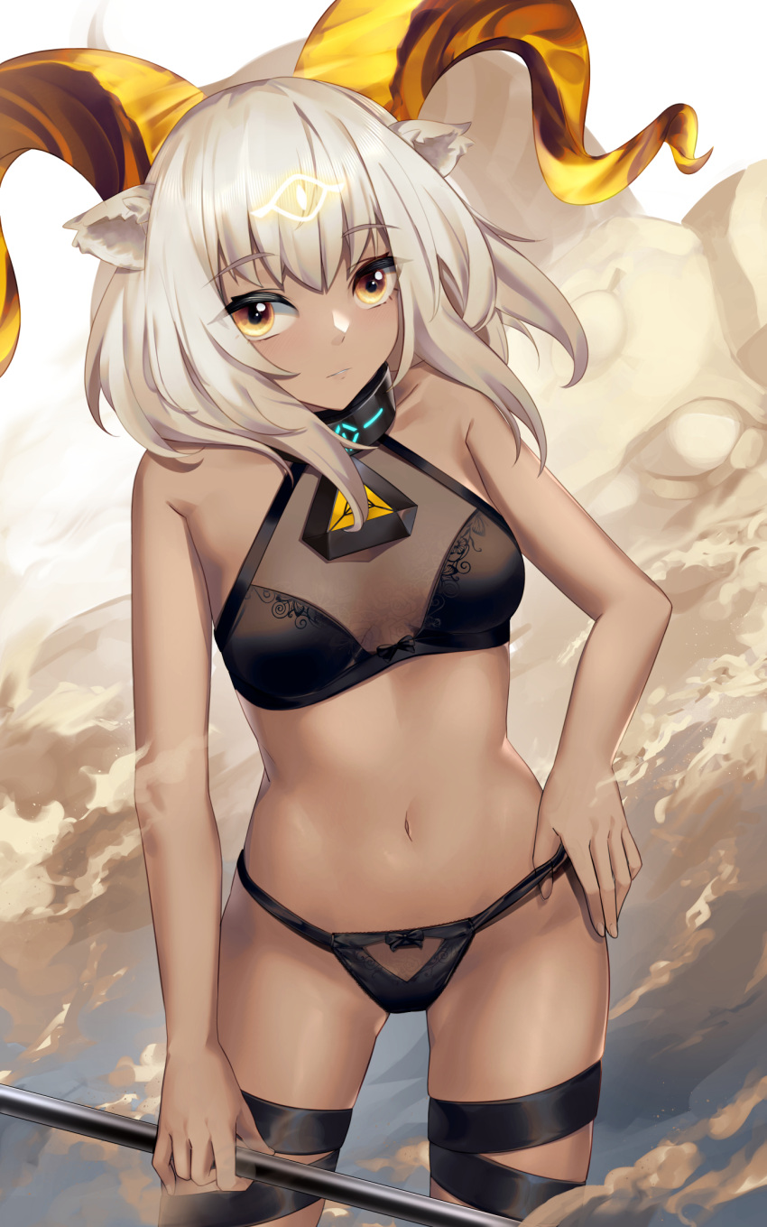1girl animal_ears arknights bangs bare_arms bare_shoulders beeswax_(arknights) black_bra black_panties bra breasts brown_eyes commentary_request cowboy_shot highres holding horns looking_at_viewer navel panties short_hair silver_hair small_breasts solo standing stomach thighs underwear underwear_only wakamepiza
