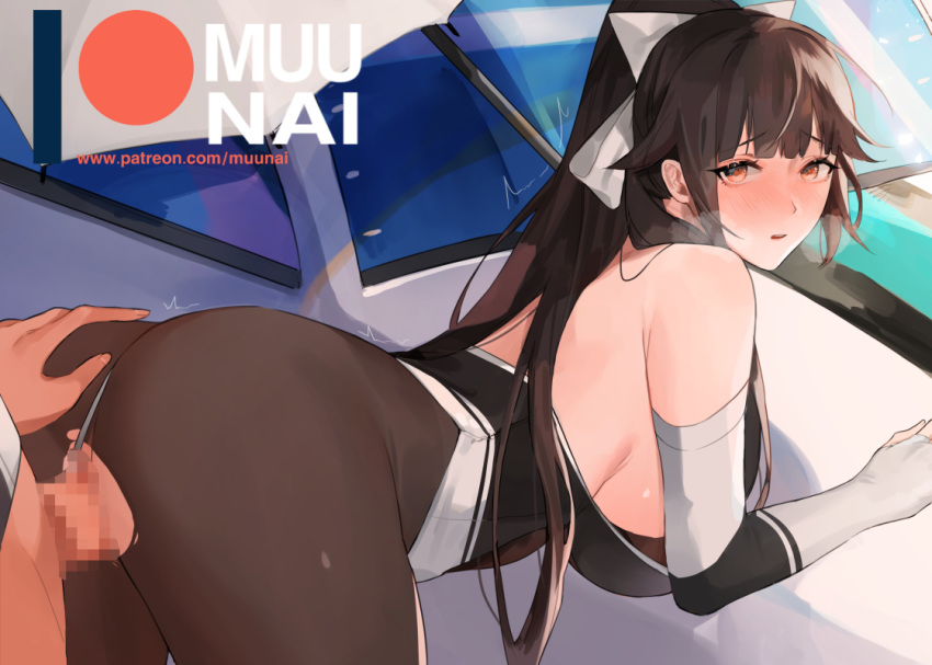 1boy 1girl ass azur_lane bangs bare_shoulders bent_over black_hair black_leotard blush bow breasts brown_eyes elbow_gloves gloves hair_flaps hetero large_breasts leotard long_hair looking_at_viewer looking_back multicolored_leotard muunai pantyhose sex takao_(azur_lane) takao_(full_throttle_charmer)_(azur_lane) white_bow white_leotard