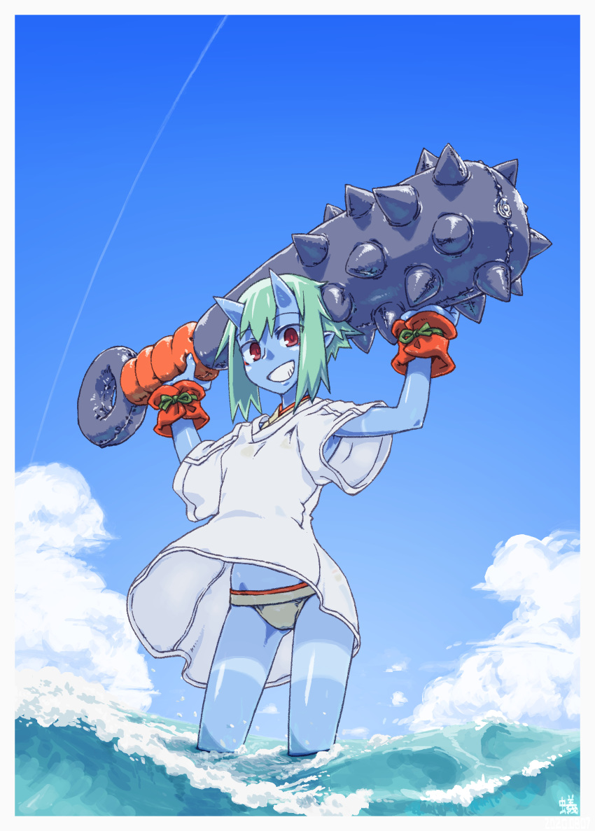 1girl 8noiltna :d absurdres bangs blue_skin blue_sky cloud club commentary condensation_trail day green_hair grin highres horns huge_weapon kanabou looking_at_viewer oni oni_horns open_mouth original outdoors pointy_ears red_eyes shochuumimai short_hair skin-covered_horns sky smile solo tan tanline wading water weapon