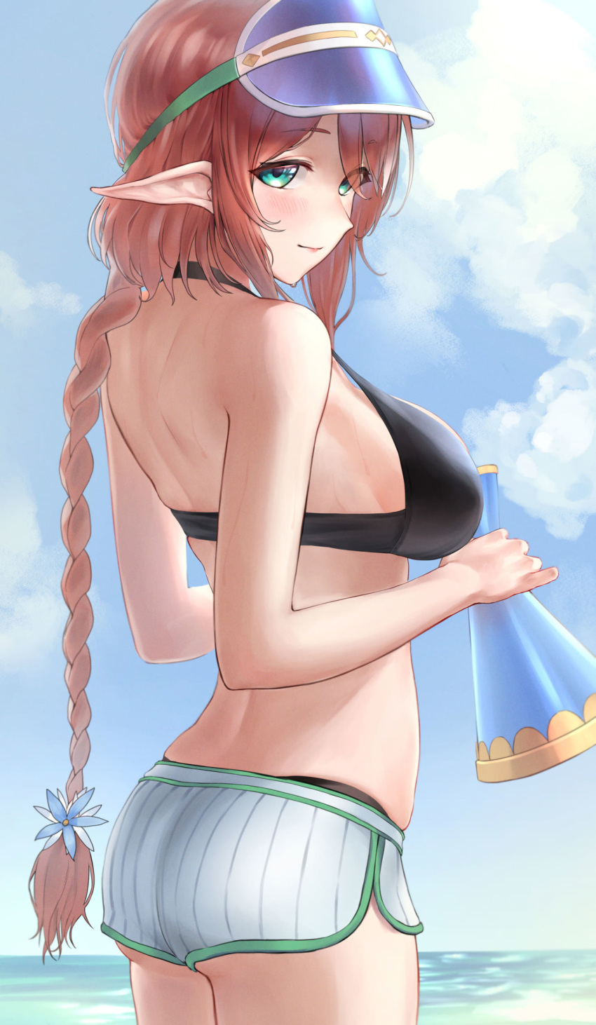 1girl absurdres aqua_eyes ass back bangs bare_shoulders beach blue_headwear blue_sky blush braid braided_ponytail breasts closed_mouth dolphin_shorts highres large_breasts long_hair looking_at_viewer looking_back misato_(princess_connect!) monegi ocean pointy_ears princess_connect! princess_connect!_re:dive red_hair shorts sky smile thighs visor_cap white_shorts