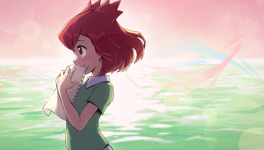 1girl artist_name bangs blush brown_eyes collared_shirt commentary_request covering_mouth eyelashes green_shirt hands_up highres holding holding_paper kanon_(pokemon) lens_flare paper peron_(niki2ki884) pokemon pokemon_(anime) pokemon_(classic_anime) pokemon_m05 profile red_hair shirt short_hair short_sleeves smile