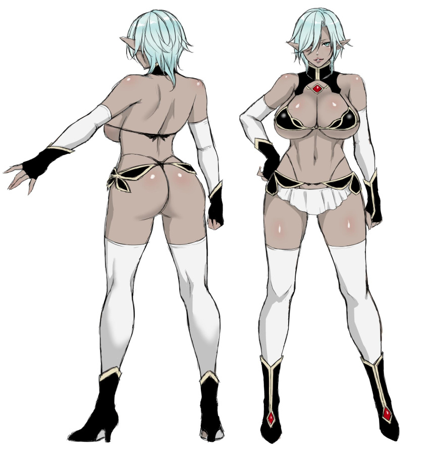 1girl black_footwear blue_eyes blue_hair boots breasts concept_art contrapposto damian_(usagi_nagomu) dark_elf elbow_gloves elf gloves hair_over_one_eye hand_on_hip high_heel_boots high_heels highres large_breasts looking_at_viewer multiple_views navel one_eye_covered original pointy_ears short_hair simple_background smile standing thighhighs usagi_nagomu white_background white_legwear