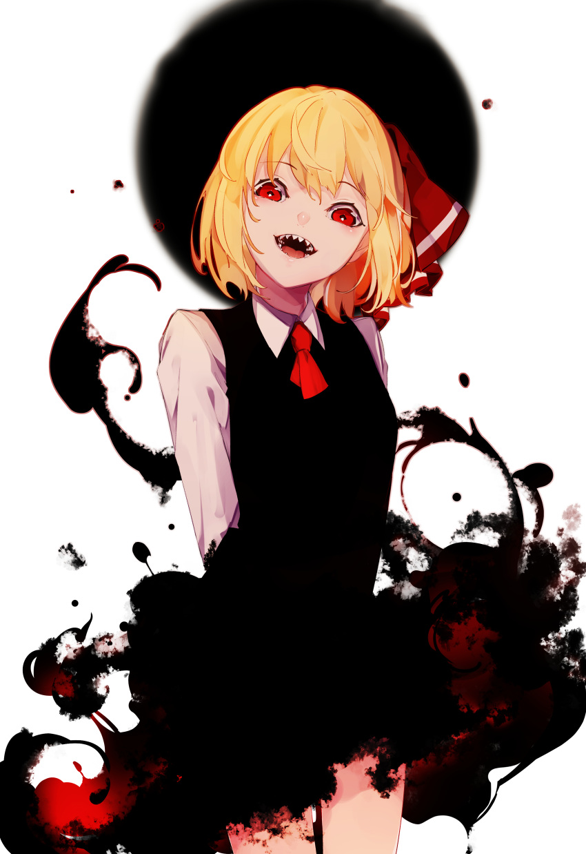 1girl absurdres arms_behind_back ascot bangs black_dress blonde_hair blouse bow collared_shirt cowboy_shot darkness dress eclipse eyebrows_visible_through_hair hair_bow hair_ribbon highres is_that_so long_sleeves looking_down maimuro neck_ribbon open_mouth outstretched_arms red_bow red_eyes red_neckwear red_ribbon ribbon rumia sharp_teeth shirt short_hair simple_background smile solo teeth touhou white_background white_blouse white_shirt wing_collar