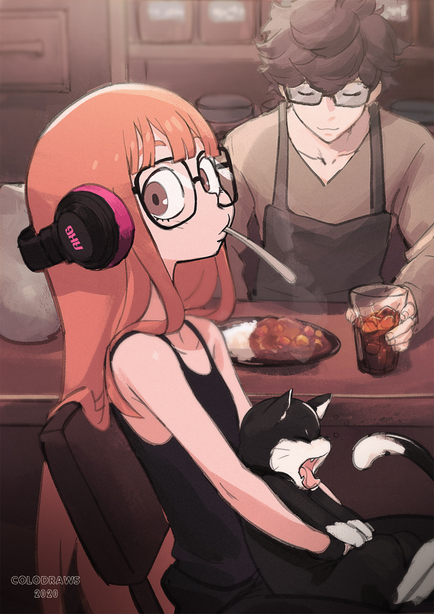 1boy 1girl 2020 :3 amamiya_ren animal apron artist_name bangs bare_shoulders black_hair black_shirt black_tank_top blunt_bangs brown_eyes brown_shirt cat chair closed_eyes collarbone colo_(nagrolaz) counter cup curry english_commentary flat_chest food glasses headphones highres holding holding_animal holding_cat holding_cup ice long_hair long_sleeves looking_at_viewer morgana_(persona_5) orange_hair persona persona_5 sakura_futaba shirt short_hair sitting spoon_in_mouth standing steam tank_top v-neck very_long_hair yawning