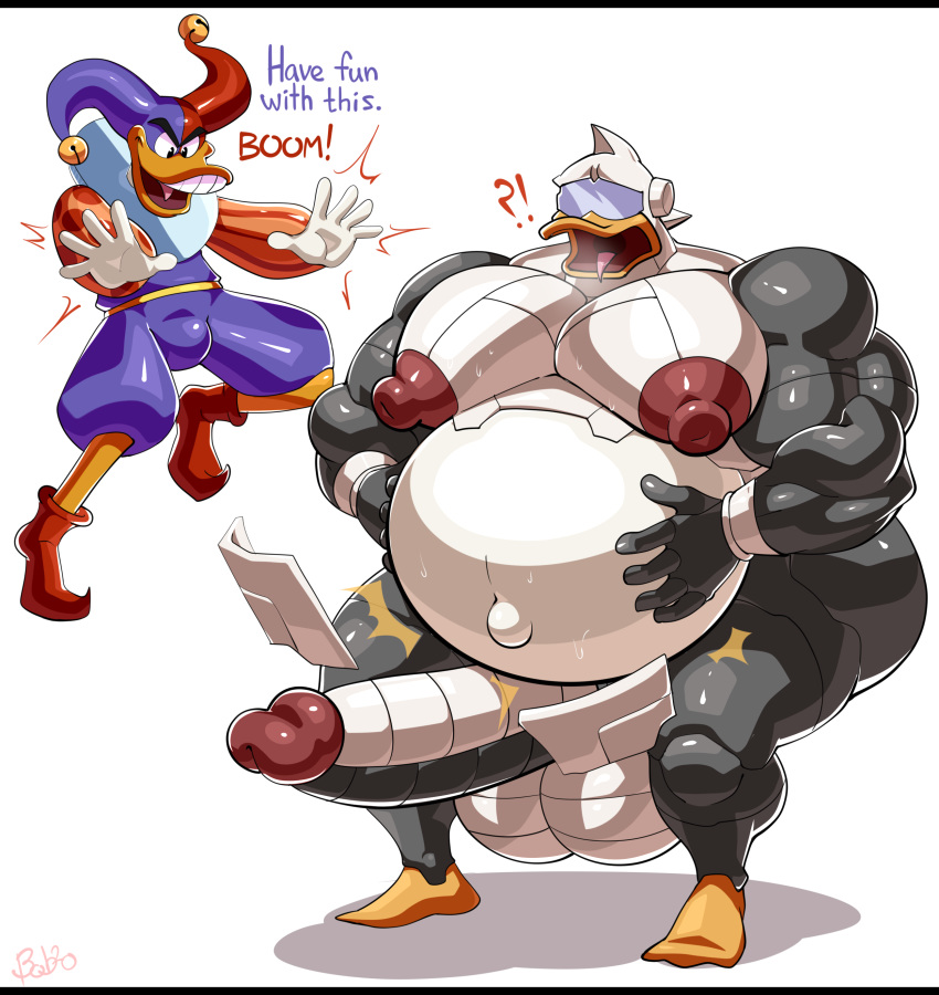 2020 ?! absurd_res anatid anseriform anthro avian balls beak bell belly big_balls big_belly big_muscles big_penis bird black_bars bobthetanuki bulge clothed clothing darkwing_duck dialogue disney duck ducktales duo english_text erection fool's_hat footwear front_view fully_clothed genitals gizmoduck glans grey_body hat headgear headwear hi_res huge_balls huge_muscles huge_nipples huge_penis humanoid_genitalia humanoid_penis jester letterbox levitation machine magic male metal_balls metal_penis metallic_body muscular muscular_male nipples nude open_mouth penis purple_clothing quackerjack robot teeth text tongue tongue_out white_body
