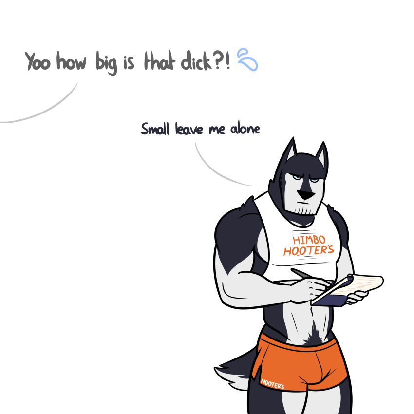 1:1 2020 ?! absurd_res annoyed anthro bottomwear bulge canid canine canis clothing dialogue domestic_dog english_text hi_res himbo himbo_hooters hooters hotpants humor male mammal meme mrloodness_(artist) muscular muscular_anthro muscular_male navel pubes shirt shorts simple_background solo standing stubble tank_top text text_on_clothing tight_clothing topwear waiter white_background