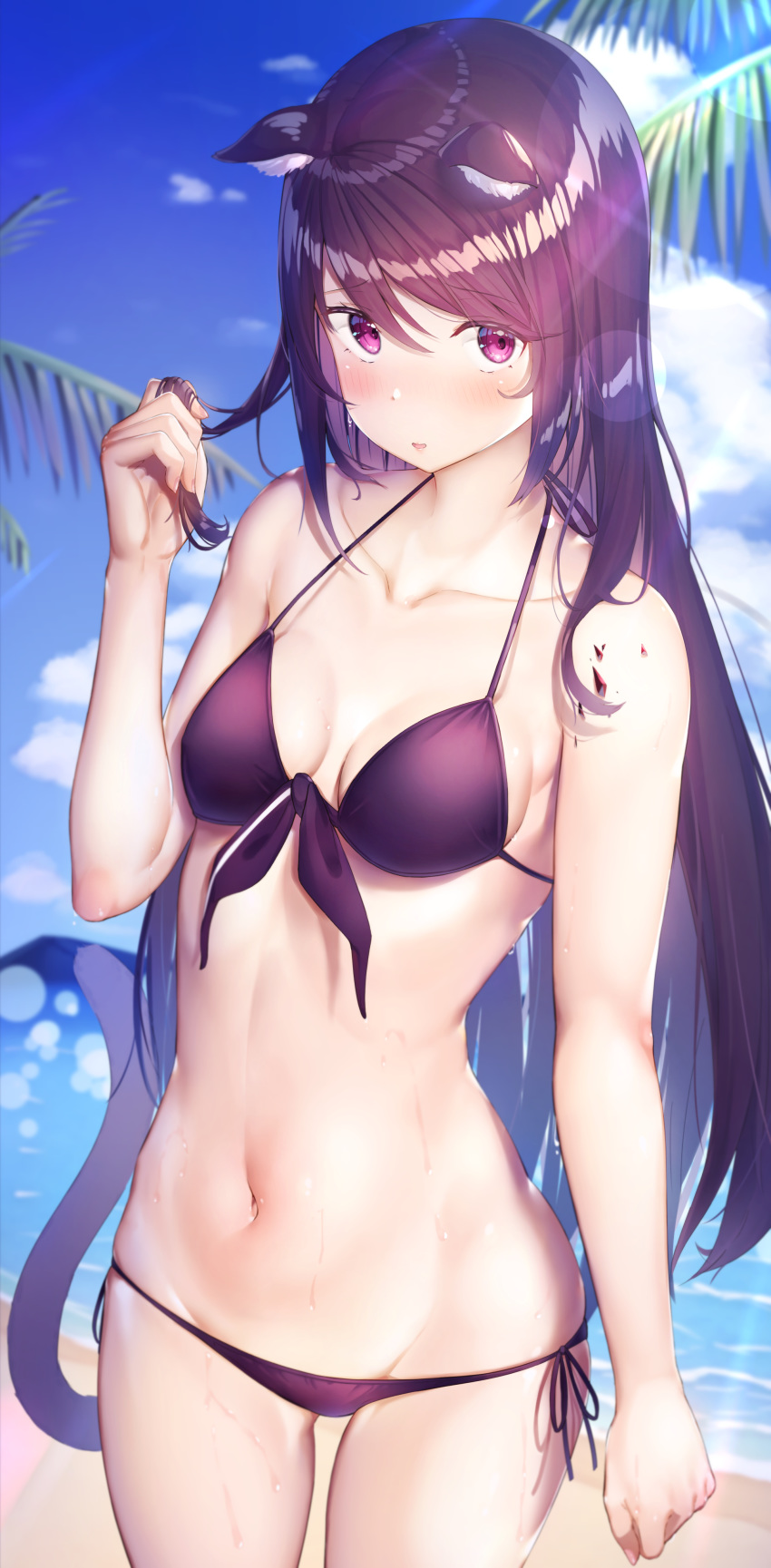1girl absurdres animal_ears arknights bangs bare_arms bare_shoulders bikini blue_sky blush breasts cat_ears cat_tail cloud collarbone commentary_request cowboy_shot day eyebrows_visible_through_hair front-tie_bikini front-tie_top groin hair_between_eyes halterneck hand_up highres long_hair looking_at_viewer melantha_(arknights) navel parted_lips partial_commentary purple_bikini purple_eyes purple_hair side-tie_bikini sky small_breasts solo standing stomach swimsuit tail takechii_(user_fpya5735) thighs very_long_hair