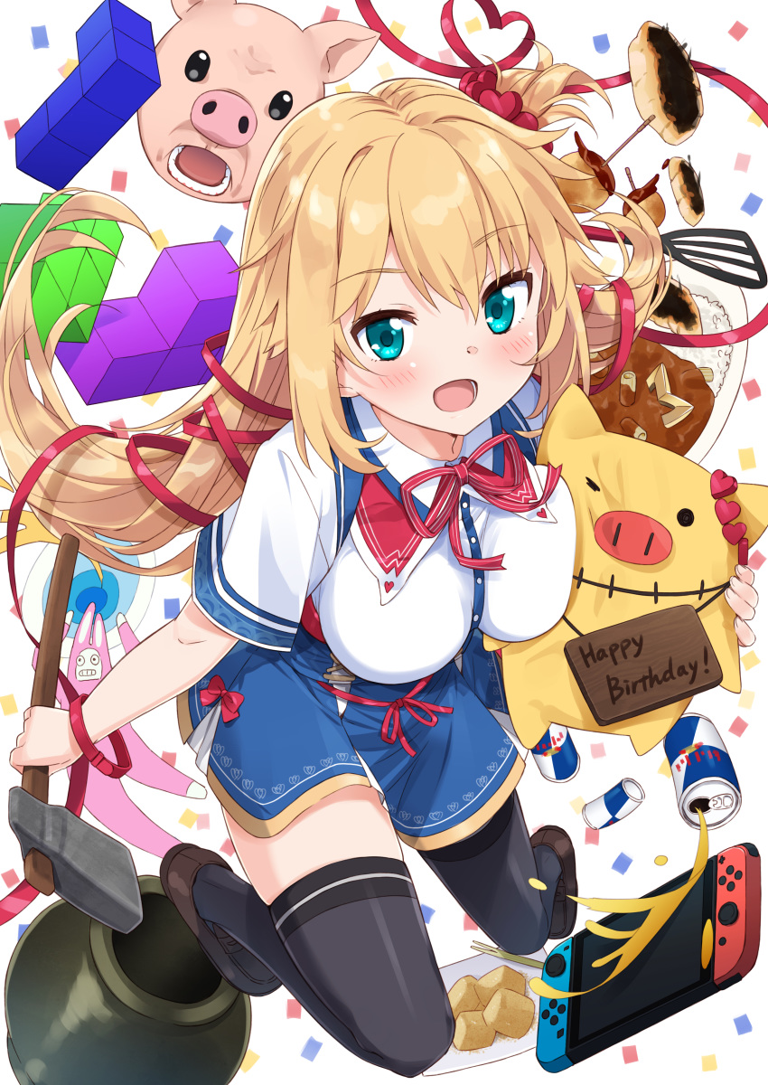 1girl :d absurdres akai_haato aqua_eyes bangs blonde_hair blue_skirt blush breasts brown_footwear can cauldron collared_shirt commentary_request curry curry_rice energy_drink eyebrows_visible_through_hair food full_body getting_over_it grey_legwear haaton_(haato_channel) hair_between_eyes hair_ornament hair_ribbon happy_birthday heart heart_hair_ornament highres holding hololive loafers long_hair looking_at_viewer medium_breasts mousou_(mousou_temporary) neck_ribbon nintendo_switch one_side_up open_mouth pig plate red_bull red_ribbon ribbon rice shirt shoes short_sleeves sign sign_around_neck skirt sledgehammer smile striped striped_ribbon tetris thighhighs very_long_hair virtual_youtuber white_shirt