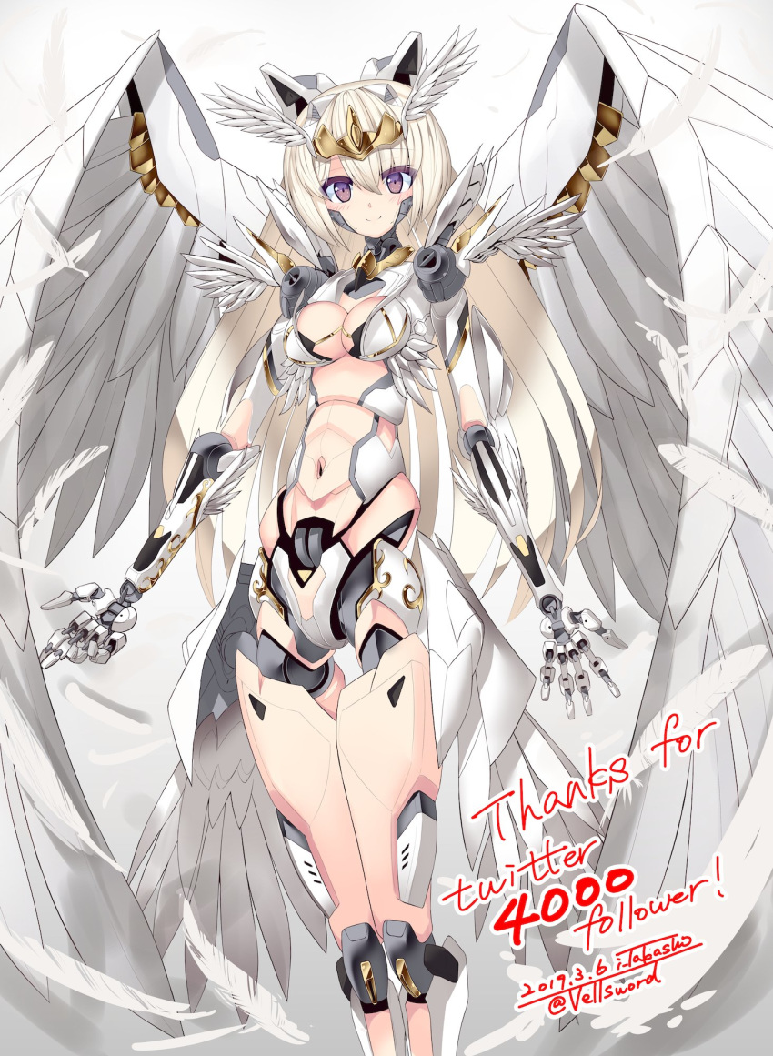 1girl android artist_name blonde_hair dated doll_joints english_text eyebrows_visible_through_hair followers highres i.takashi joints long_hair looking_down navel original purple_eyes solo very_long_hair wings