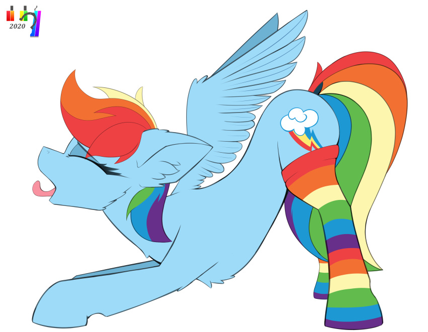 2020 absurd_res alpha_channel blue_body blue_fur chest_tuft clothing cutie_mark equid equine eyes_closed feathered_wings feathers female feral friendship_is_magic fur hasbro hi_res inner_ear_fluff legwear mammal mane multicolored_clothing multicolored_legwear multicolored_mane multicolored_socks multicolored_tail my_little_pony open_mouth pedalspony_(artist) pegasus rainbow_clothing rainbow_dash_(mlp) rainbow_legwear rainbow_mane rainbow_socks rainbow_tail socks solo stretching thigh_highs tongue tongue_out tuft wings