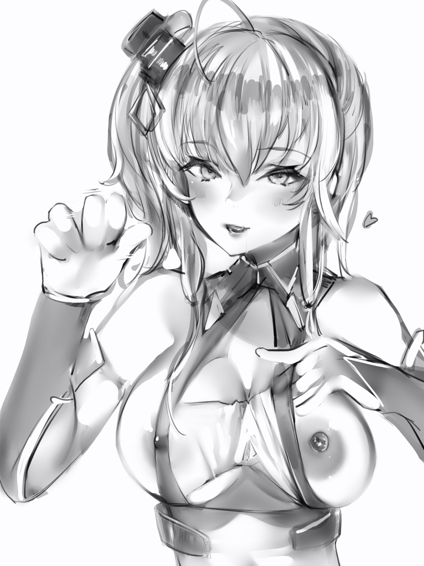 1girl azur_lane bangs blush breasts commentary_request greyscale hair_between_eyes handjob_gesture heart highres large_breasts looking_at_viewer monochrome nanashi_(nlo74593630) nipples solo st._louis_(azur_lane)