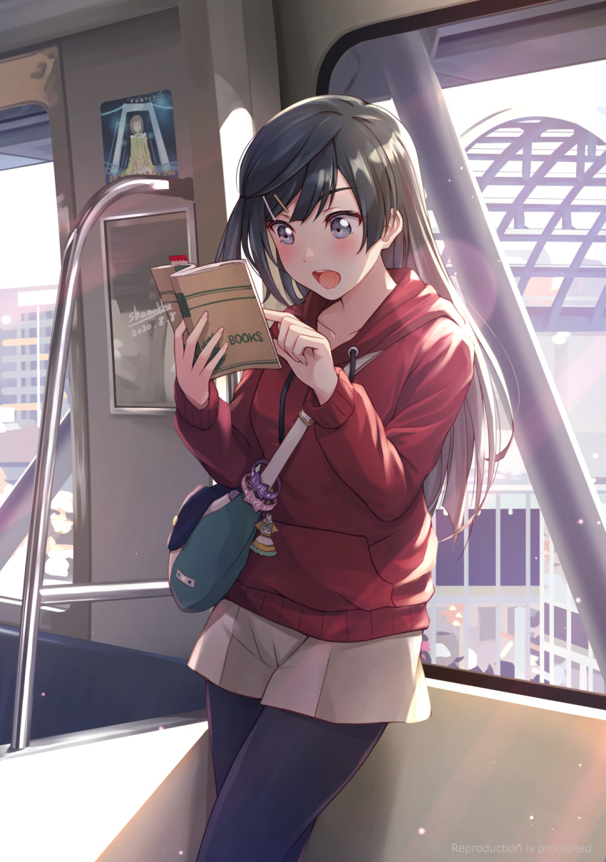 1girl :0 bag bangs beige_shorts black_eyes black_hair black_legwear blunt_bangs blush book breasts charm_(object) collarbone english_text hair_ornament hairclip handbag highres holding holding_book hood hoodie leaning_back legwear_under_shorts long_hair long_sleeves love_live! love_live!_school_idol_festival medium_breasts nakasu_kasumi open_mouth pantyhose picture_frame railing reading red_hoodie shamakho shorts sidelocks solo upper_teeth window windowsill yuuki_setsuna_(love_live!)