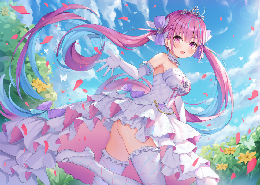 hokori_sakuni hololive long_hair minato_aqua nopan pink_eyes pink_hair thighhighs twintails wedding_attire