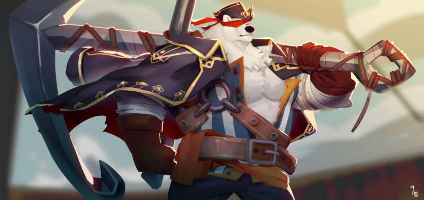 2020 absurd_res anchor anthro belt biped black_nose clothed clothing coat_cape crushfang_(sdorica_sunset) cyanroll eye_patch eyewear fur gloves handwear hi_res male mammal muscular muscular_anthro muscular_male open_shirt pecs pirate pirate_hat polar_bear sdorica sdorica_sunset ship shirt signature solo topwear ursid ursine vehicle watercraft white_body white_fur